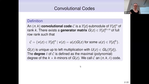 Thumbnail for Julia Lieb: On a class of convolutional codes with optimal column distances and efficient decoding algorithm