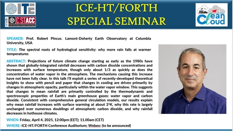 Thumbnail for ICE-HT/FORTH &amp; CSTACC/CleanCloud Seminar: Prof. Robert Pincus (04.04.25).
